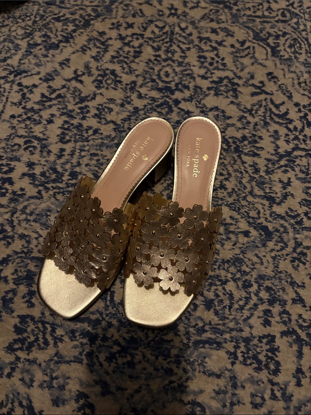 kate spade Metallic Gold Floral Appliqué Slide Mules